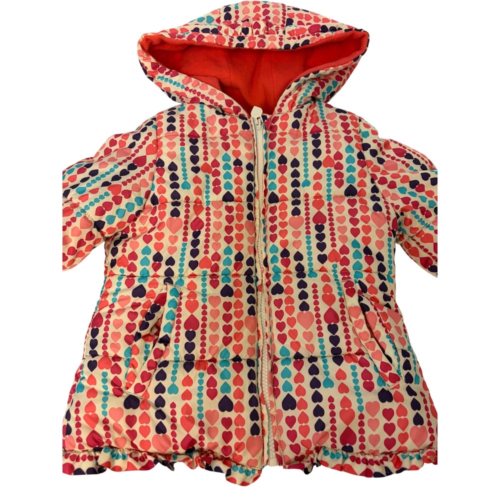 London Fog Puffer Coat 4T Pink Heart Pattern, Winter, Hooded, Fleece, Warm